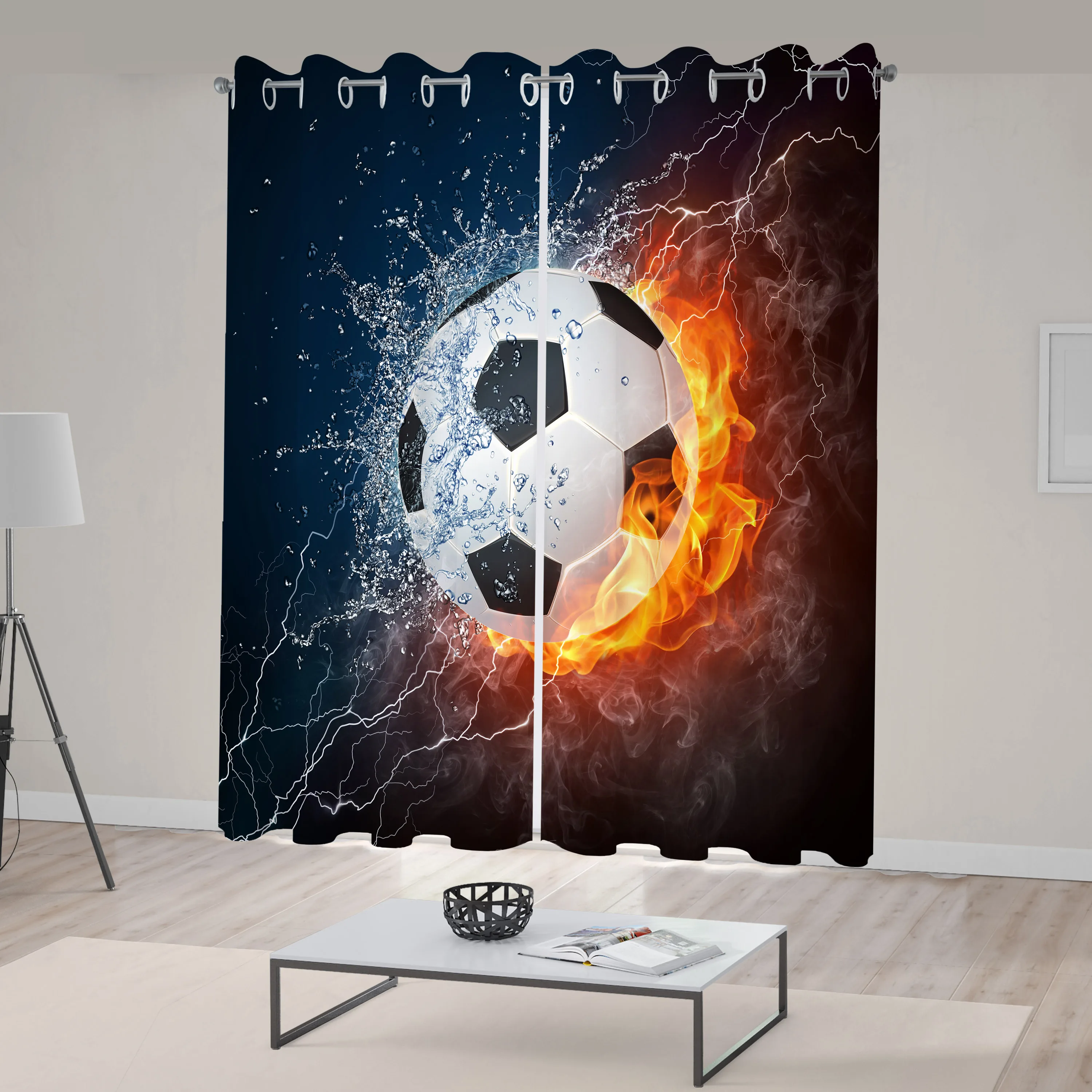 Sports Curtains Soccer Ball on Fire and Water Flame Splashing Thunder Strike Abstract Concept Art Living Room Bedroom Window