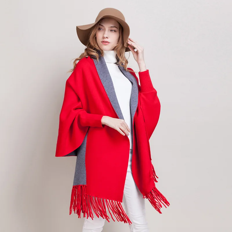 Women\'s Double Sided Color Tassel Knitted Shawl Wrap Plus Size Cardigan Poncho Cape Open Front Long Winter Sweater Coat Mujer