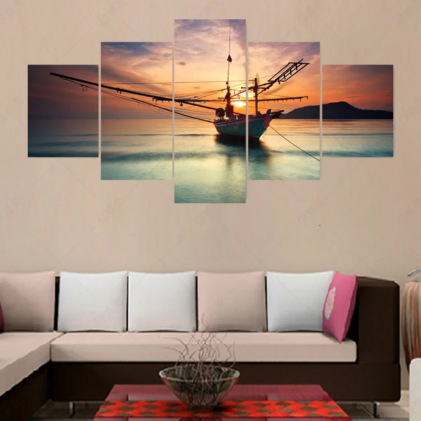 

5 Panel Modular Home Decor Wall Art Canvas Painting Modern Sunset Boat Seascape Picture For Living Room Decoration Poster Frame