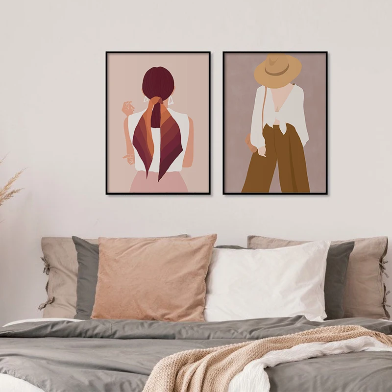 Boho Fahion Woman And Flower Nordic Poster and Print Wall Art Pictures Abstract Canvas Painting Living Room Home Decor Cuadros