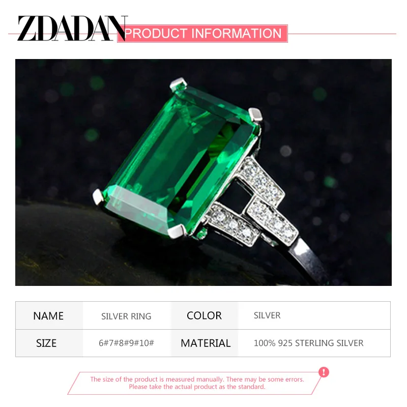 Zdadan 925 Sterling Zilveren Charme Smaragd Ringen Voor Vrouwen Mode Bruiloft Sieraden