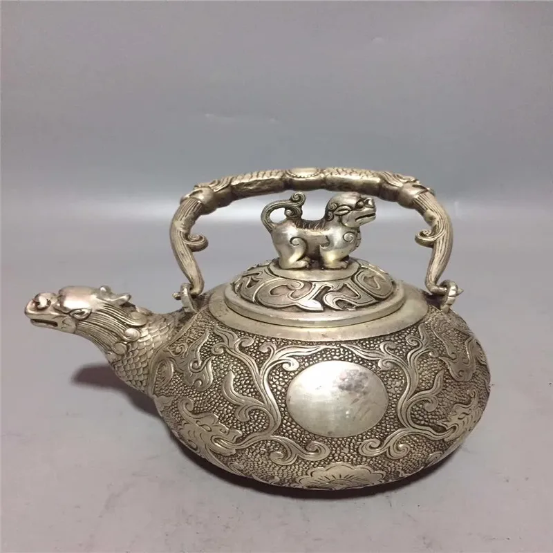 Tibetan Silver Dragon Tiger Teapot Water Pot Auspicious Animal Statue Bronze Geomancy Decoration