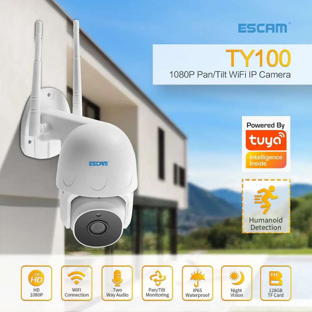 

ESCAM TY100 2MP 1080P Support Tuya Wireless Intercom PTZ IP Camera AI Humanoid Motion Detection Auto Tracking CCTV Monitor