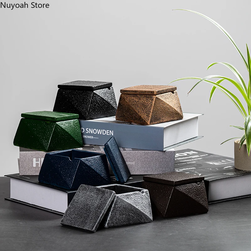 Nordic Rhombus Cement Ashtray with Lid Creative Personality Anti Fly Ash Storage Box Home Living Room Decoration Accessories