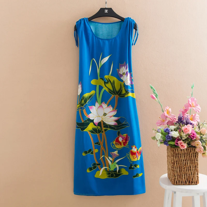 2020 Women Summer Printed Cotton Silk Dress New Large Size Sleeveless Vest Dress Comfortable Female Nightdress Home Service J413