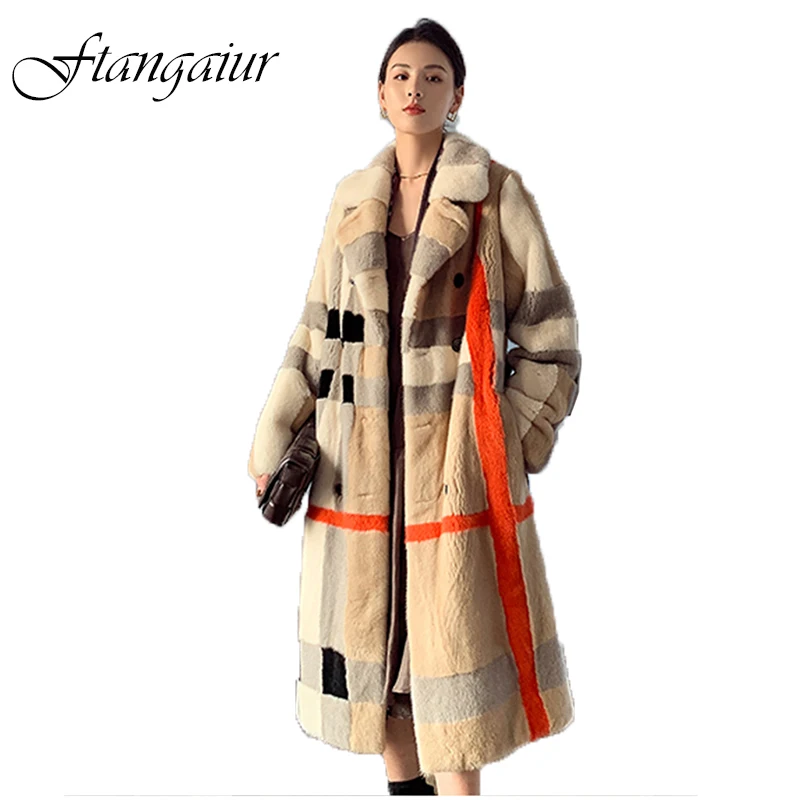 Ftangaiur Winter Import Velvet Mink Fur Coat Women's Full Sleeve Plaid Turn-Down Collar  X-Long Natural Real Mink Fur Coats