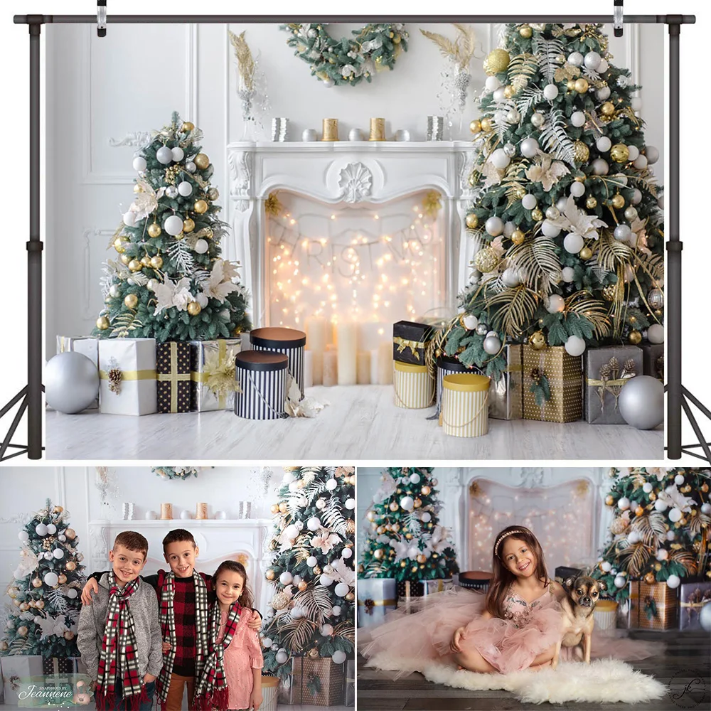 Fondo de sala de estar de invierno, decoración de árbol de Navidad, chimenea, retrato familiar, accesorios de fondo de vídeo, juguetes de regalo, fotografía artística de Navidad