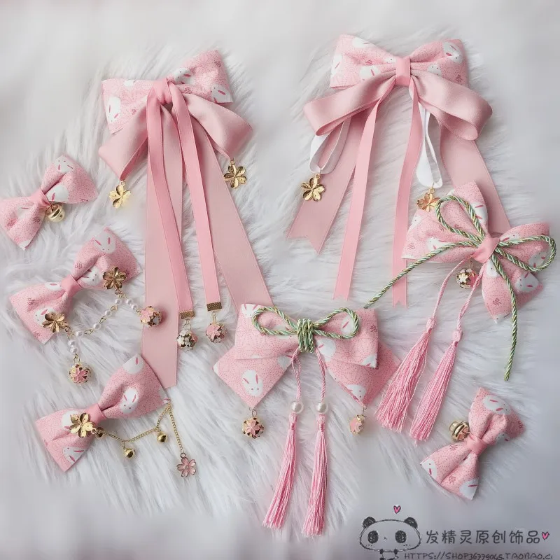 Sakura rabbit and wind hair clip side clip Japanese tassel bow Hanfu hair hoop bell hair accessories