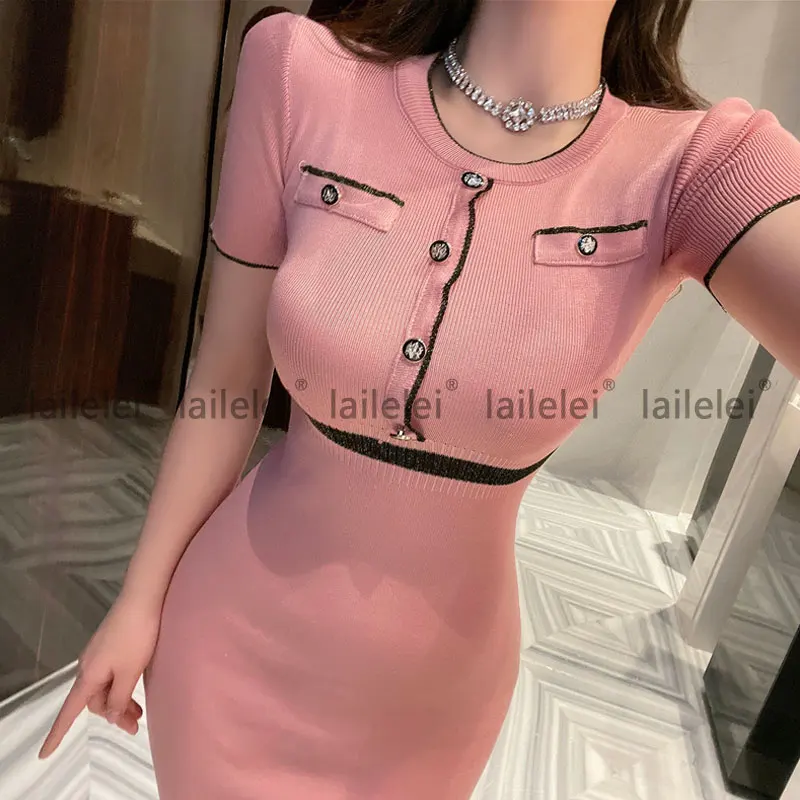 Button Bodycon O-Neck Short Sleeve Knitted Dress Women Elegant Party korean Fashion Office Lady Summer Sundress 2021 Robe Femme