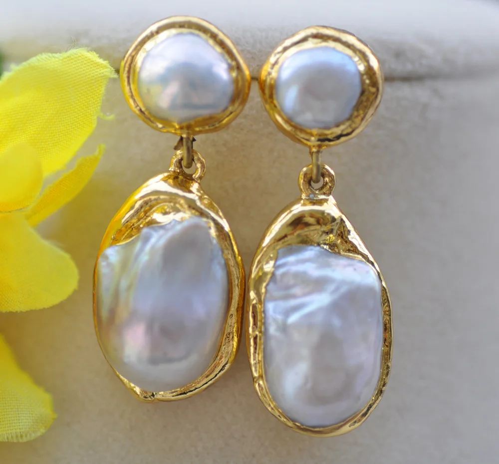 Z10237 27mm White Baroque Keshi Pearl gold-plating Dangle Earring view 2