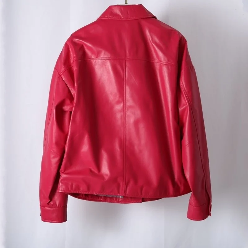 Spring New Women Genuine Leather Jacket Red Green Single Breasted Long Sleeve Motorcycle Jackets Loose Fit Real Sheepskin Coat