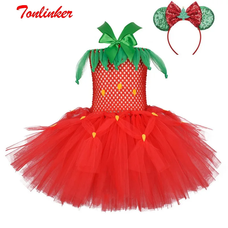 Halloween vermelho fruta morango traje crianças festival de natal tutu vestidos de festa crianças princesa cosplay vestir-se