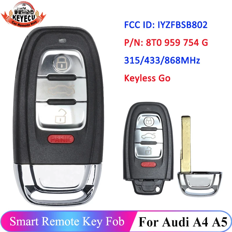 KEYECU Keyless with Comfort Access For Audi A4 A5 A6 A7 A8 Q5 2009-2016 P/N: 8T0959754G FCC: IYZFBSB802 Remote Smart Key Fob