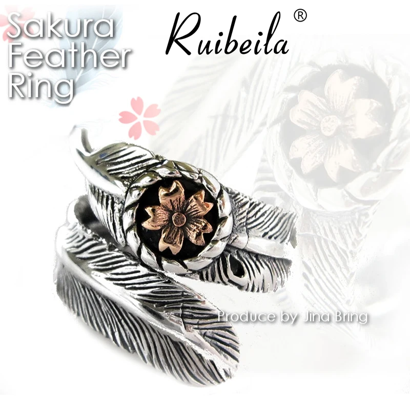 ruibeila silver jewelry genuine cherry blossom feather 100% 925 sterling silver ring opening adjustable for female ring gift