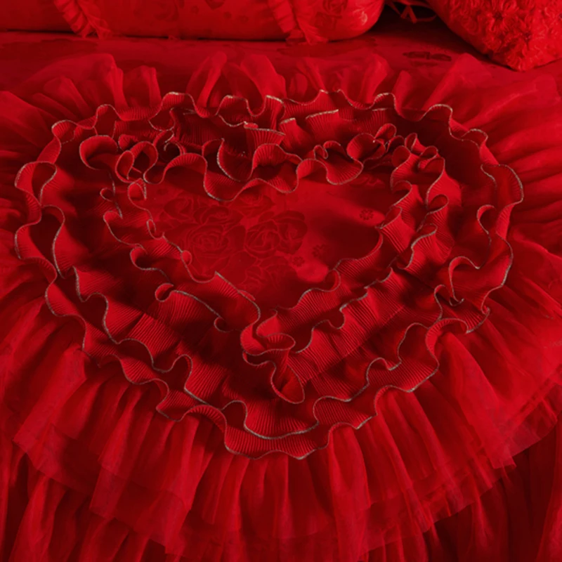 Imagem -04 - Conjunto de Cama Cetim Jacquard Vermelho Laço em Forma de Coração Capa de Edredão Princesa Casamento Lençol de Algodão Colcha Fronhas Luxo