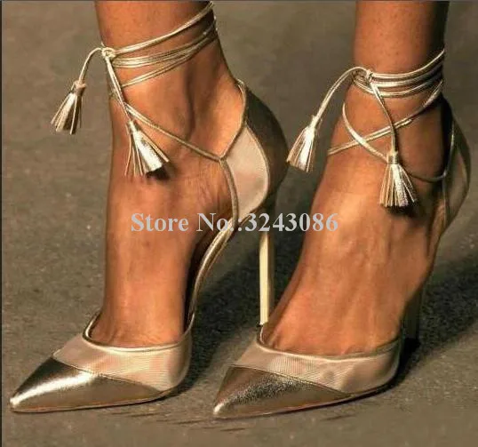 Gold Color Cross-tied Stiletto Heel Pumps Women Sexy Mixed Color Net Tassels Single Shoes Lady Fashion Party Shoes Dropship