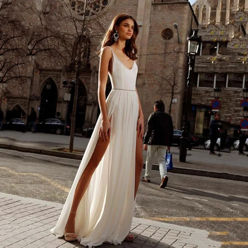 Sexy  Wedding Dress V-Neck Sleeveless Spaghetti Strap A-Line Open Back Side Slit Split Women Brides Dress Boho Beach Floor Lengt