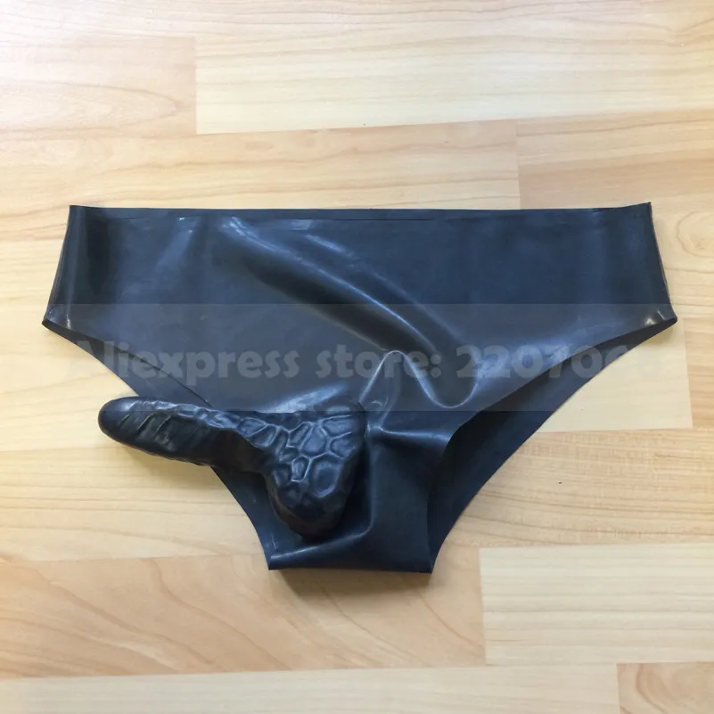 Black Sexy Latex Briefs Underwear with Penis Condom Straight Rubber  Fetish Party Tight Shorts  RPM128