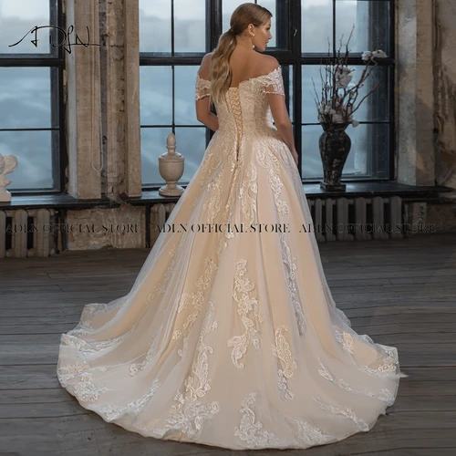 Imagen 2 del producto ADLN vestido de novia con hombros descubiertos, vestido de baile con cuentas, corsé con apliques de encaje, talla grande