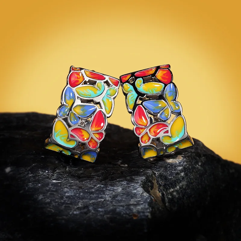 Fashion temperament niche color butterfly earrings female enamel glaze super fairy flower ear clip without pierced earring
