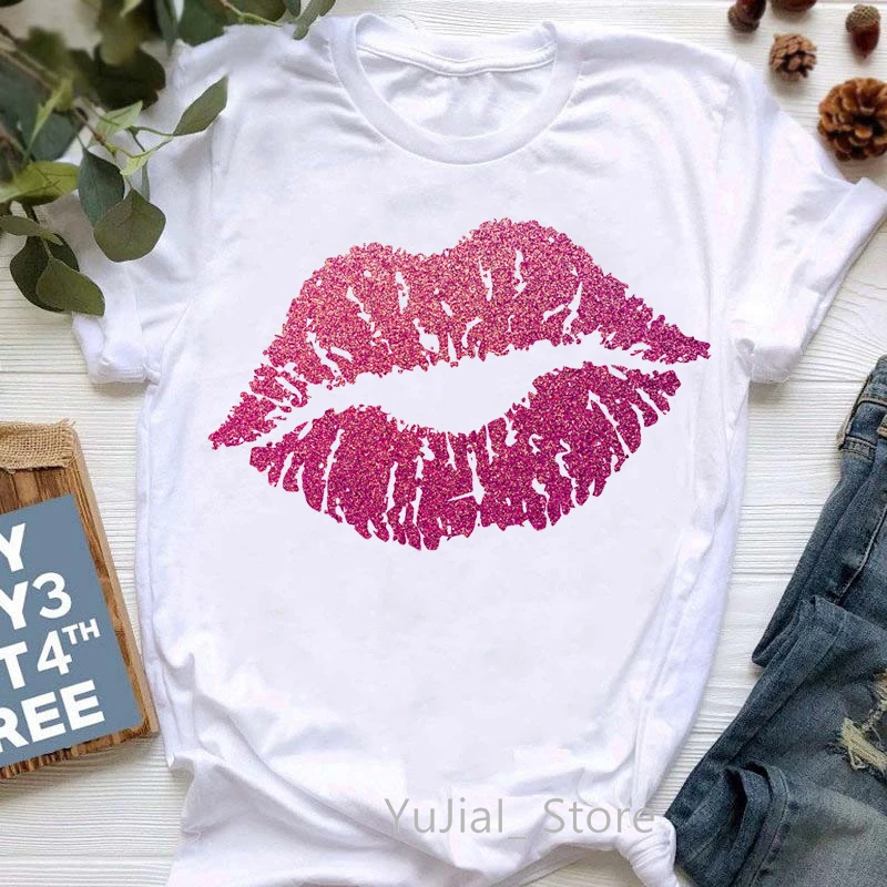 Red Glitter Lips Print T-Shirt Women\'S Clothing Summer Fashion Tshirt Femme White Style T Shirt Female Harajuku Shirt Wholesale