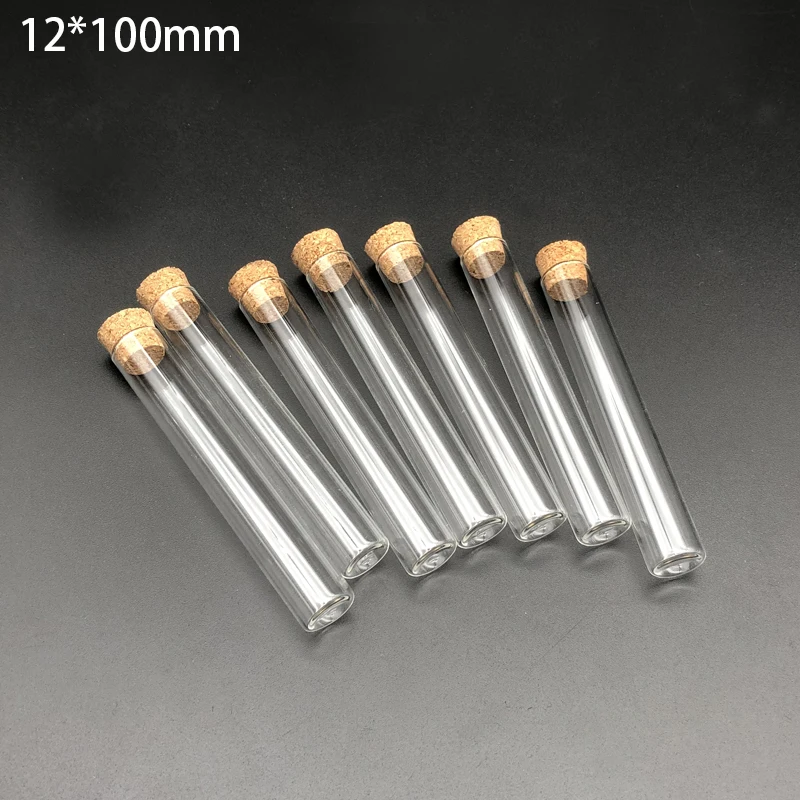 50pcs/Pack 12x100mm Flat bottom Transparent Glass Test Tube With Cork Stoppers for School Laboratory Experiment