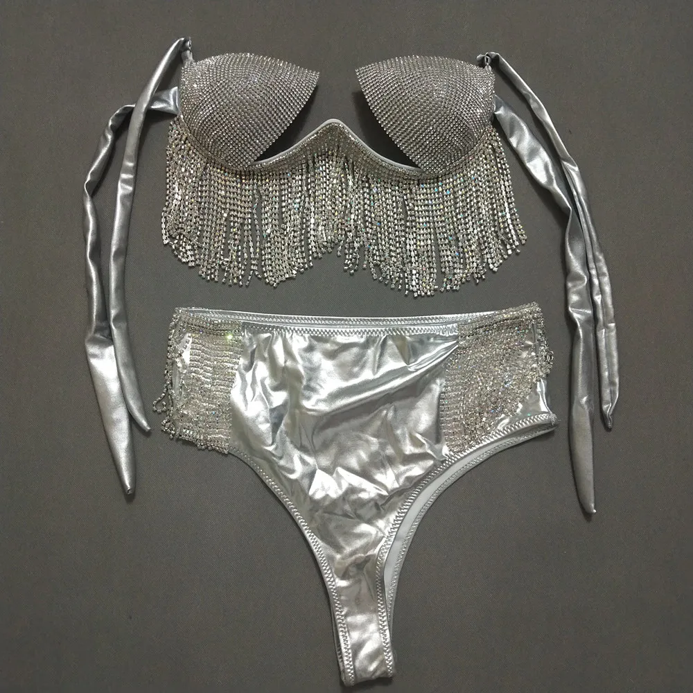 Strass prateados borla sutiã shorts franja biquíni roupa sexy feminino dj pólo dança traje boate bar sexy palco wear