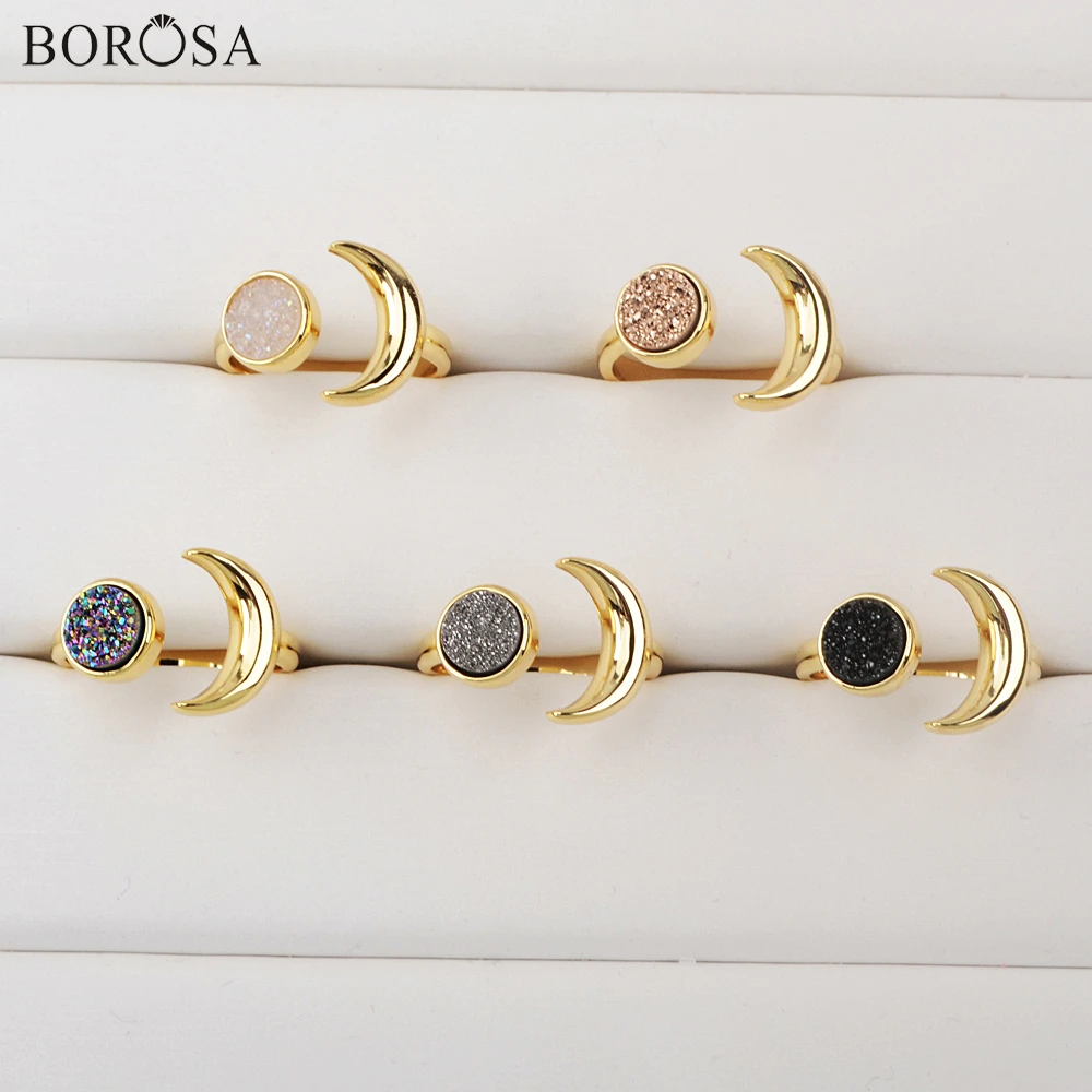 BOROSA 5/10Pcs Unique Multicolored Agates Druzy Ring for Women Adjustable Golden Color Moon Open Rings Accessories ZG0438