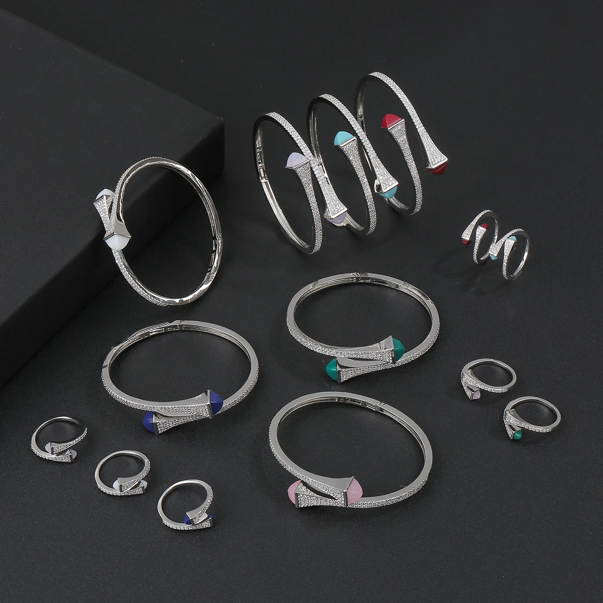 New Romatic Women Fashion 2 Pcs Bracelet & Ring Set Candy color stone Simple Design Open Cuff Bangle Jewelry Set