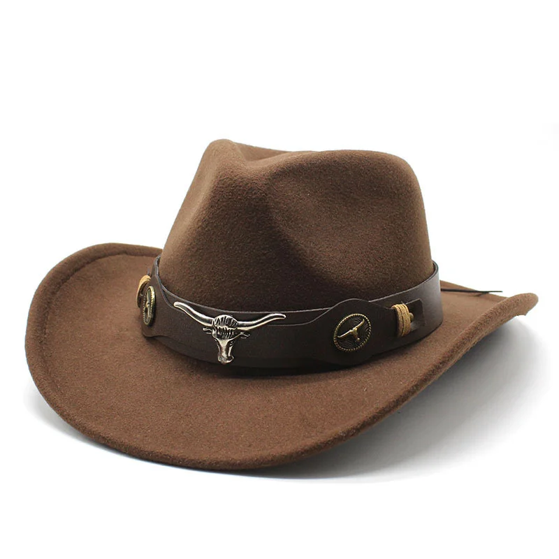 

Ethnic Style Cowboy Hats For Men Wide Brim Fedora Hat Women Solid Black Red Felt Jazz Caps With Leather Belt Cowgirl Panama Cap