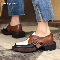 Mixed Colors Women Shoes 2021 New Genuine Leather Shoes Woman Heels Working Thick Botton Square Toe Women Shoes Shoes for Women