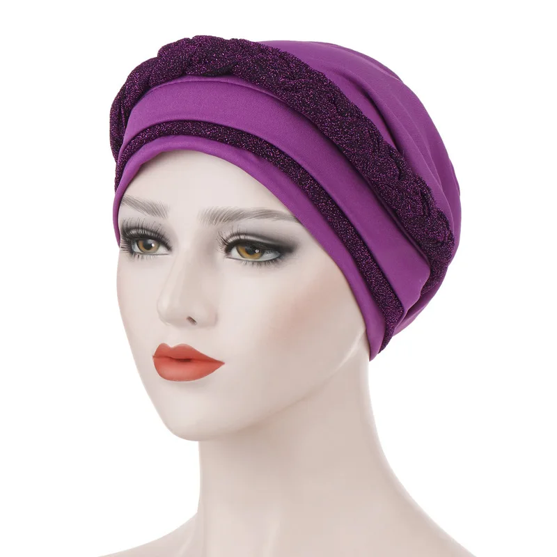 New Silky Bright Wire Braided Turban Hat Women Islamic Inner Hijab Caps Muslim Headscarf Chemo Headwrap Beanies Hair Accessories