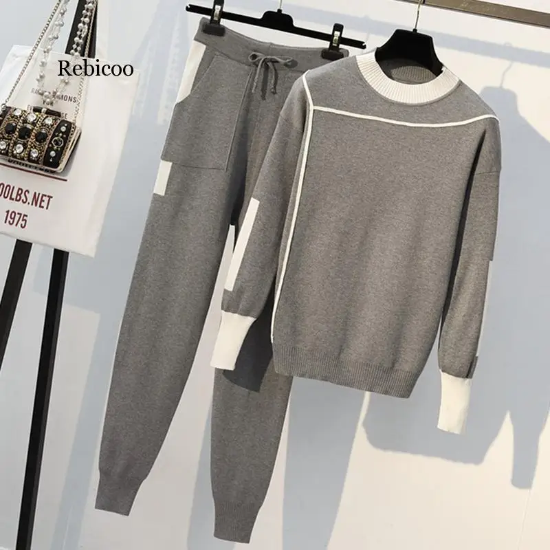 

Women Knitted 2 Piece Set Casual Sportsuit O Neck Long Sleeve Pullover Sweater And Pant Set Autumn Winter 2Pcs Clothes Tracksuit