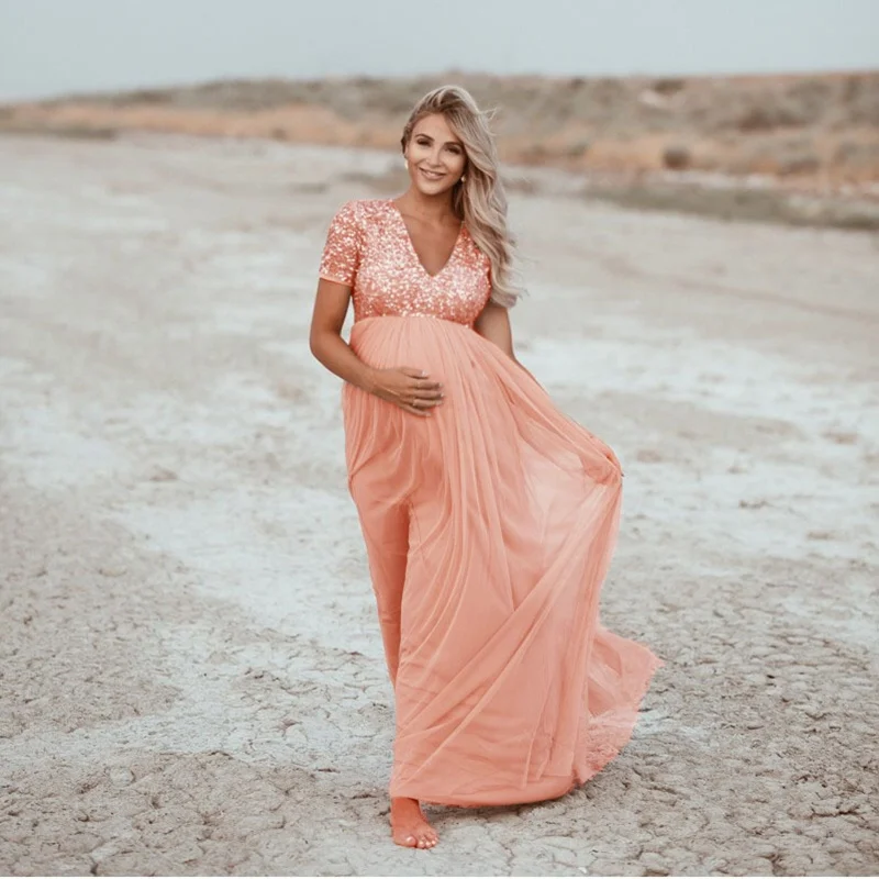 Elegant Mesh Maternity dress for Photo Shoot Short sleeve Sequins Tulle Pregnant Women Dresses Maxi Maternity Gown evening dress