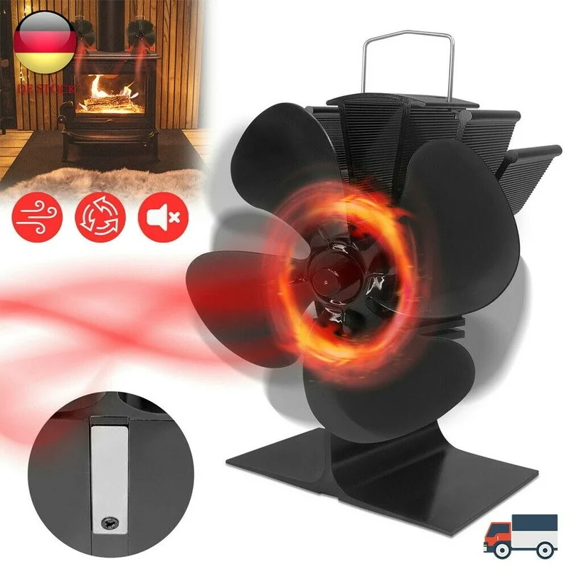 Ventilador de chimenea o estufa de 4 aspas para uso en el hogar, sistema de ventilación para quemador de madera, tranquilo, color negro, con
