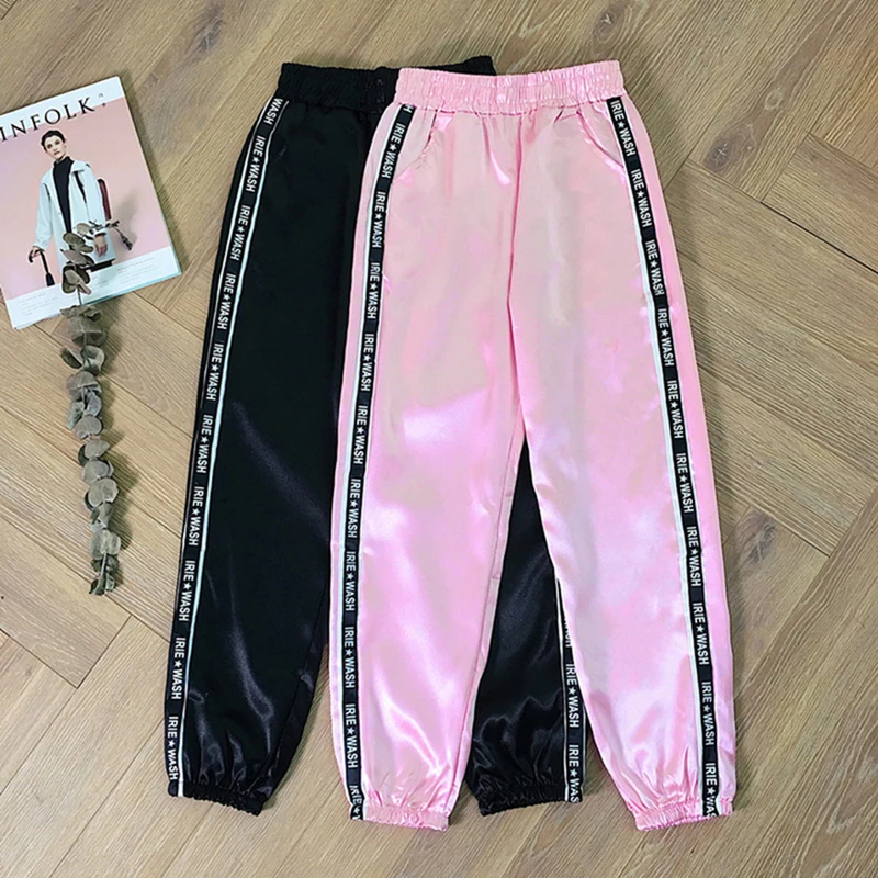 Women Pants Joggers Pants Women Glossy Ribbon Trousers Harajuku Sweatpants Women\'s Loose Cargo Pants Big Pocket Satin High