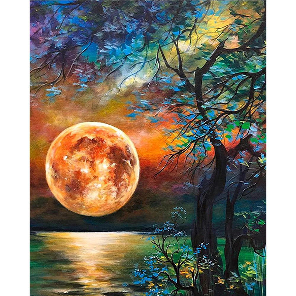 Landscape Moon And Tree Pre-Printed 14CT Cross Stitch Embroidery Set Handiwork Painting Sewing Handicraft Mulina Counted Magic