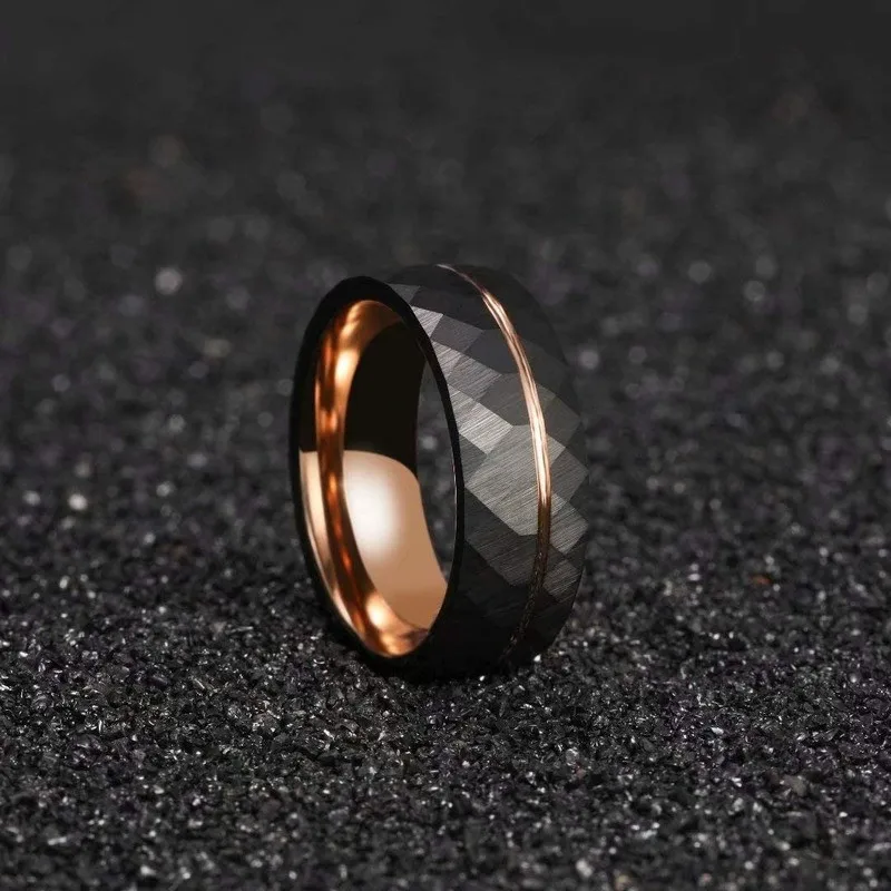 Tigrade 4 mm 6 mm 8 mm schwarze Wolframringe für Männer und Frauen, dünner Roségold-Rillen-Ehering mit gehämmerter Ehering, bequeme Passform, Größe 5–14 – Detail 2