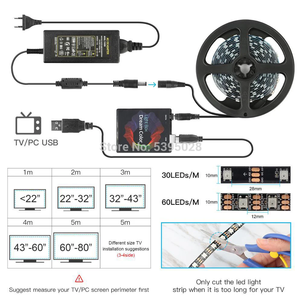 Computer Desktop PC Screen Background Lighting  With WS2812B  LED Strip 5050 RGB Dream Color LightBox Kit  1M 2M 3M 4M 5M DC5V