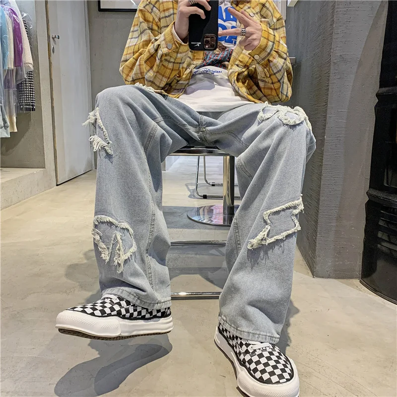 ICCLEK Hip-hop Jeans Men's Fall Loose Straight-leg Pants High Street Trousers Punk Pants  Men Jeans  Men Jeans Pants