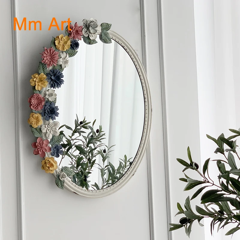 French Pastoral American Retro Iron Art Flower Decorative Mirror Bathroom Makeup Mirror