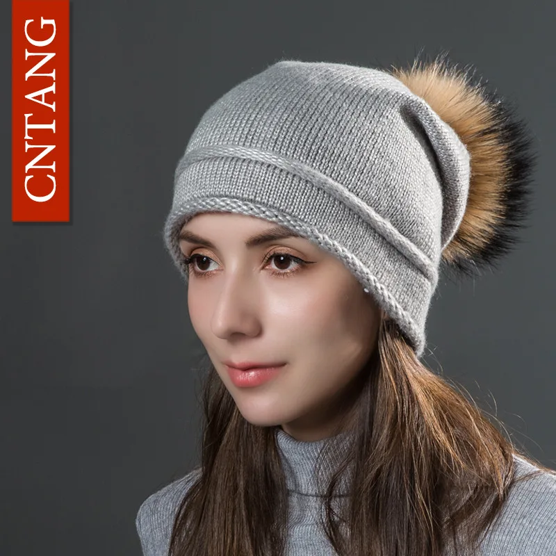 Multiple Styles Fashion Warm Hat Women Winter Beanies Natural Raccoon Fur Pompom Cap Wool Knitted Hats Women High Quality