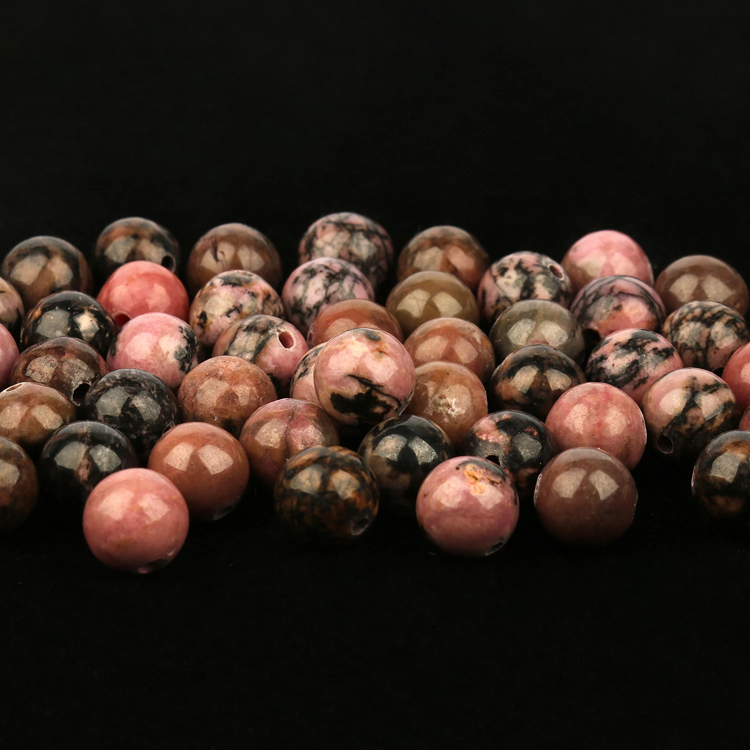 Natural Stone Black Lace Rhodonite Beads Smooth Round Loose Spacer Beads for Jewelry Design Making Bracelet DIY Necklace 15\