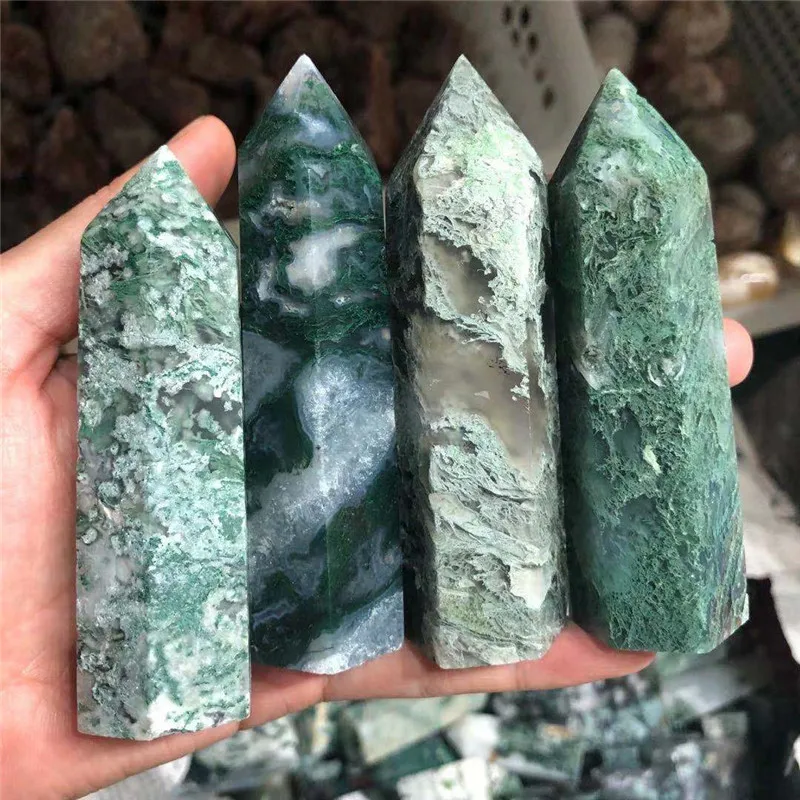 

New Arrivals Premium Healing Crystals Point Tower Natural Green Moss Agate Quartz Crystals Wand For Home Decoration