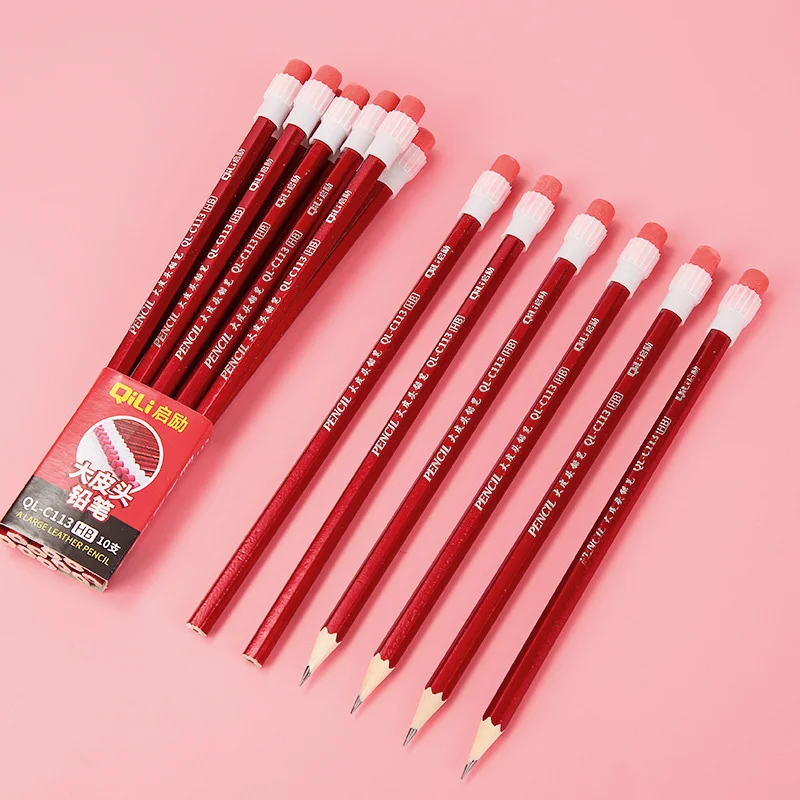 10Pcs Red Wooden Pencil with Eraser HB Standard Pencils Student Writing Drawing Sketch Pencil Stationery School Office Supplies