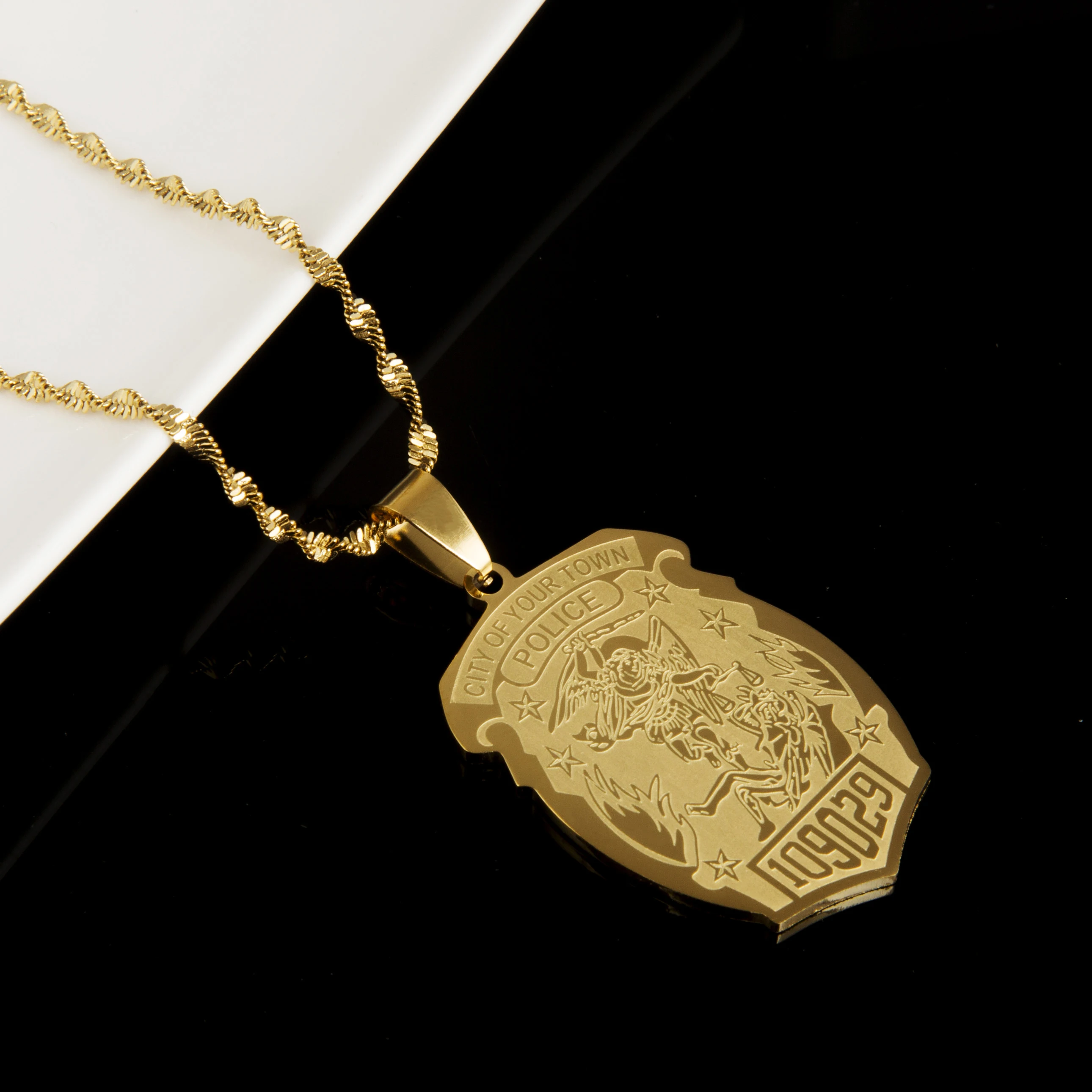 Stainless Steel Saint Michael Personalized Police Badge with Department Badge Trendy Chain Jewelry