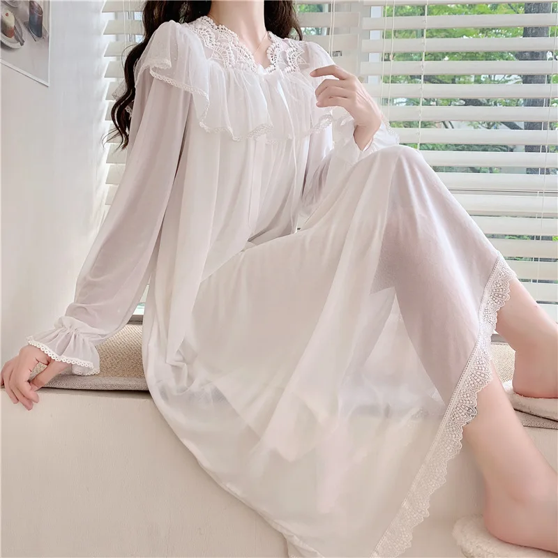 Victorian Vintage White Nightgown Women Nighty Mesh Lace Lolita Night Dress Princess Peignoir Robe Women\'s Sleepwear Lounge Wear