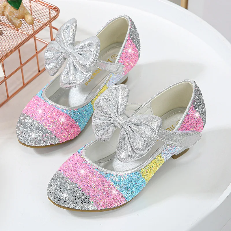 Girls Leather Shoes Princess Shoes Children Shoes round-Toe Soft-Sole Big girls High Heel Princess Crystal Shoes Single Shoes