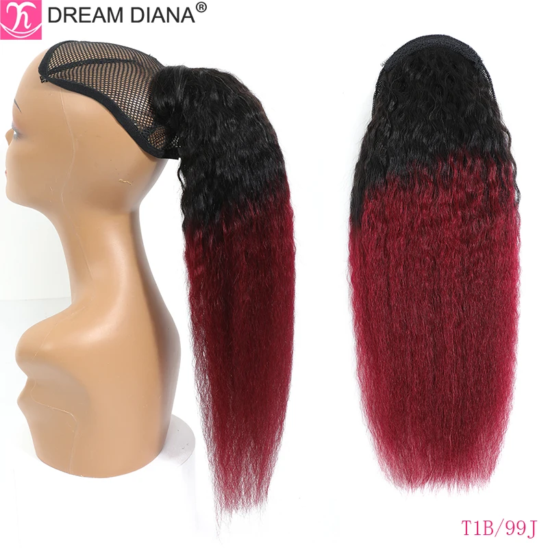 DreamDiana Remy Brazilian Kinky Straight Ponytail 100% Human Hair Clip In Hair Extensions Ombre Hair Drawstring Ombre Ponytail