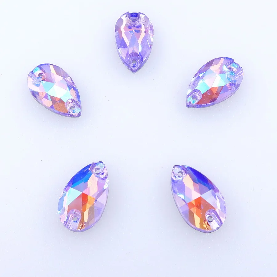AB Farben Schlanke Wassertropfenform Glaskristalle mit Flacher Rückseite Zwei Löcher 5 Größen Kristalle zum Aufnähen auf Kleidung Schuhe Hochzeitskleid DIY – Detail 11